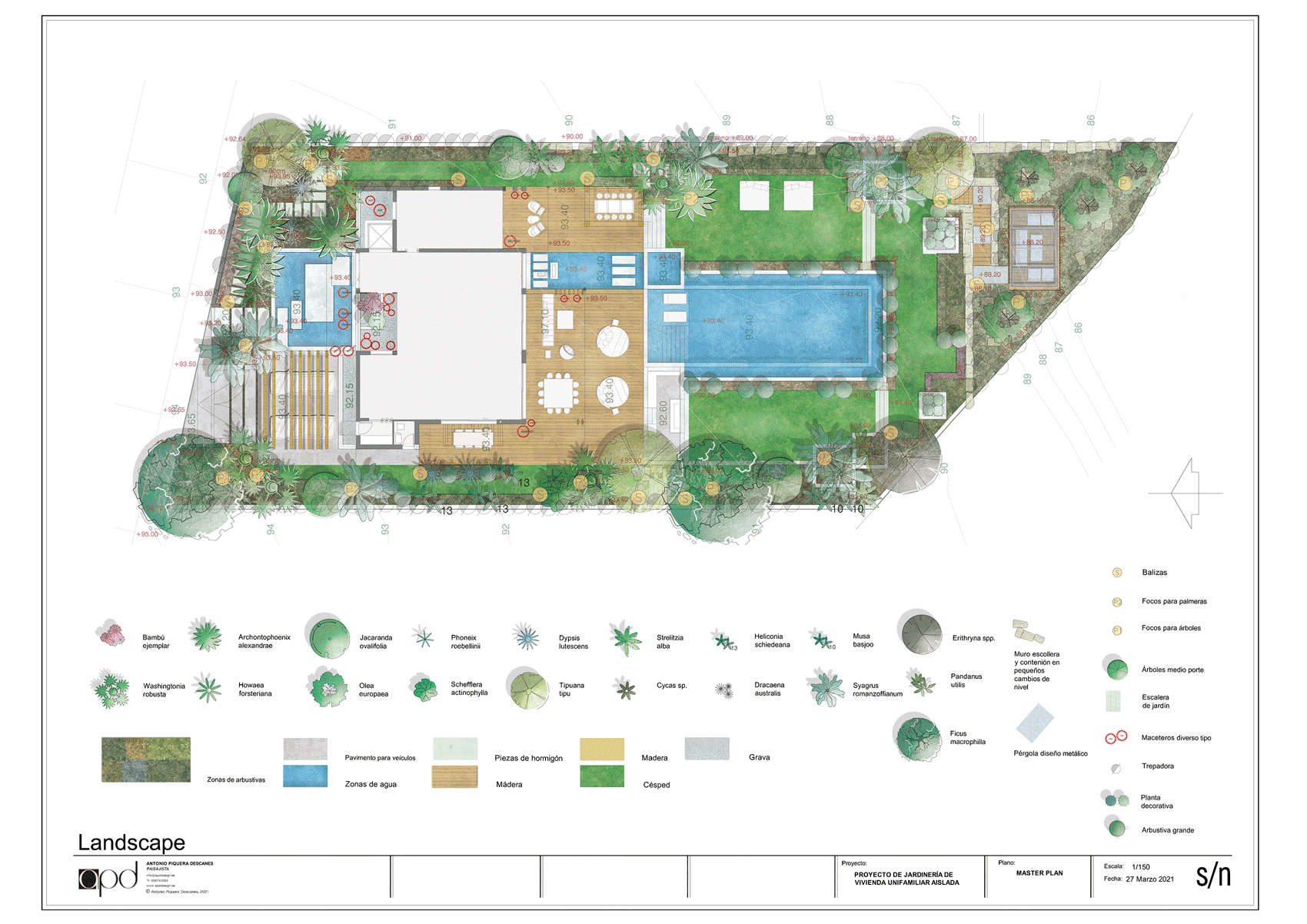 Plano del jardín de villa unifamiliar en Flamingos Marbella